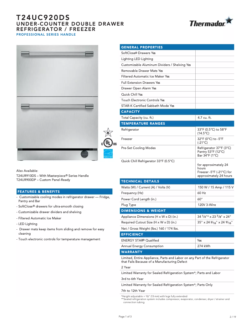 Página 1 del manual Ficha técnica Thermador T24UC920DS