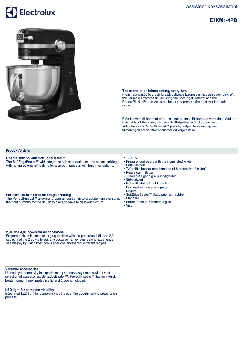 Page 1 de la notice Fiche technique Electrolux Assistent E7KM1-4PB