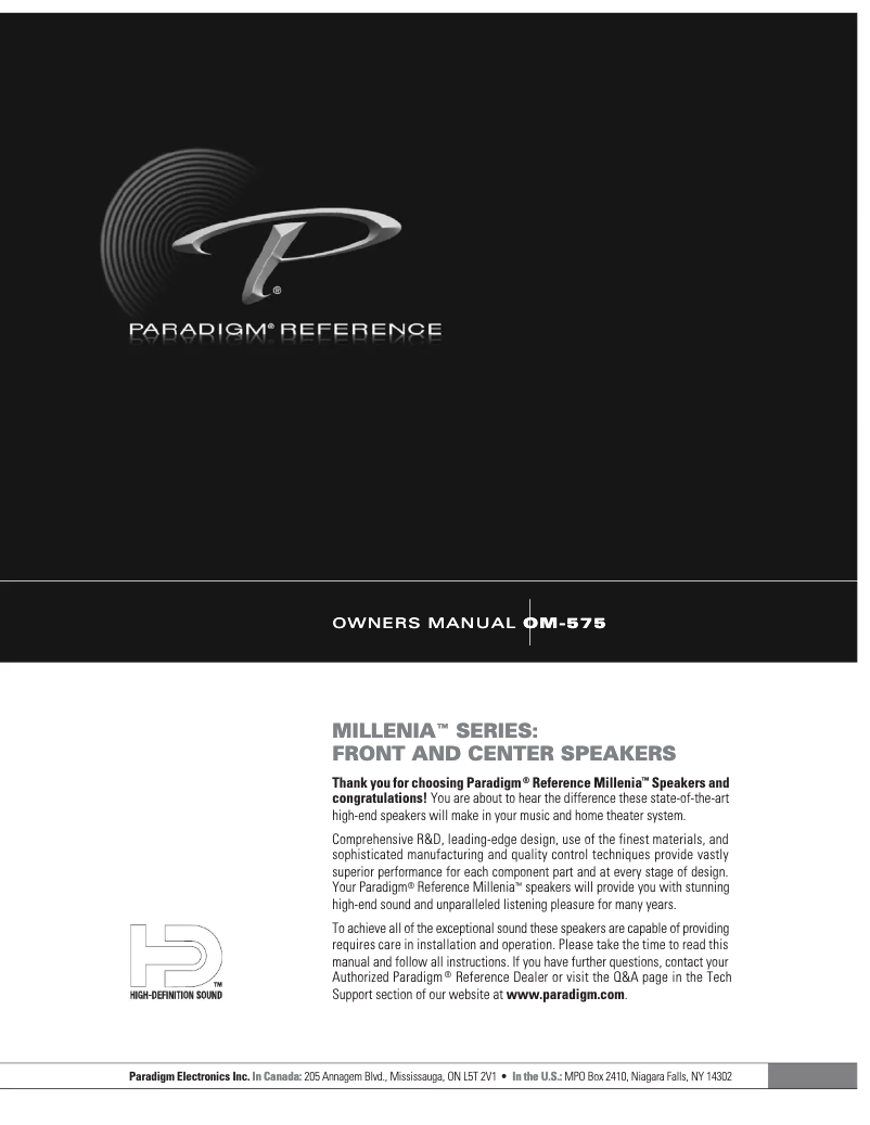 Page n°1 - Manuel utilisateur Paradigm Millenia 200