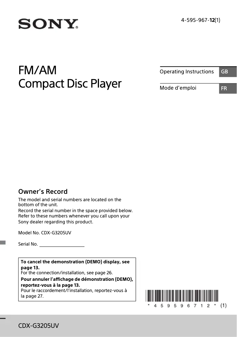 Page n°1 - Manuel utilisateur Sony CDX-G3205UV