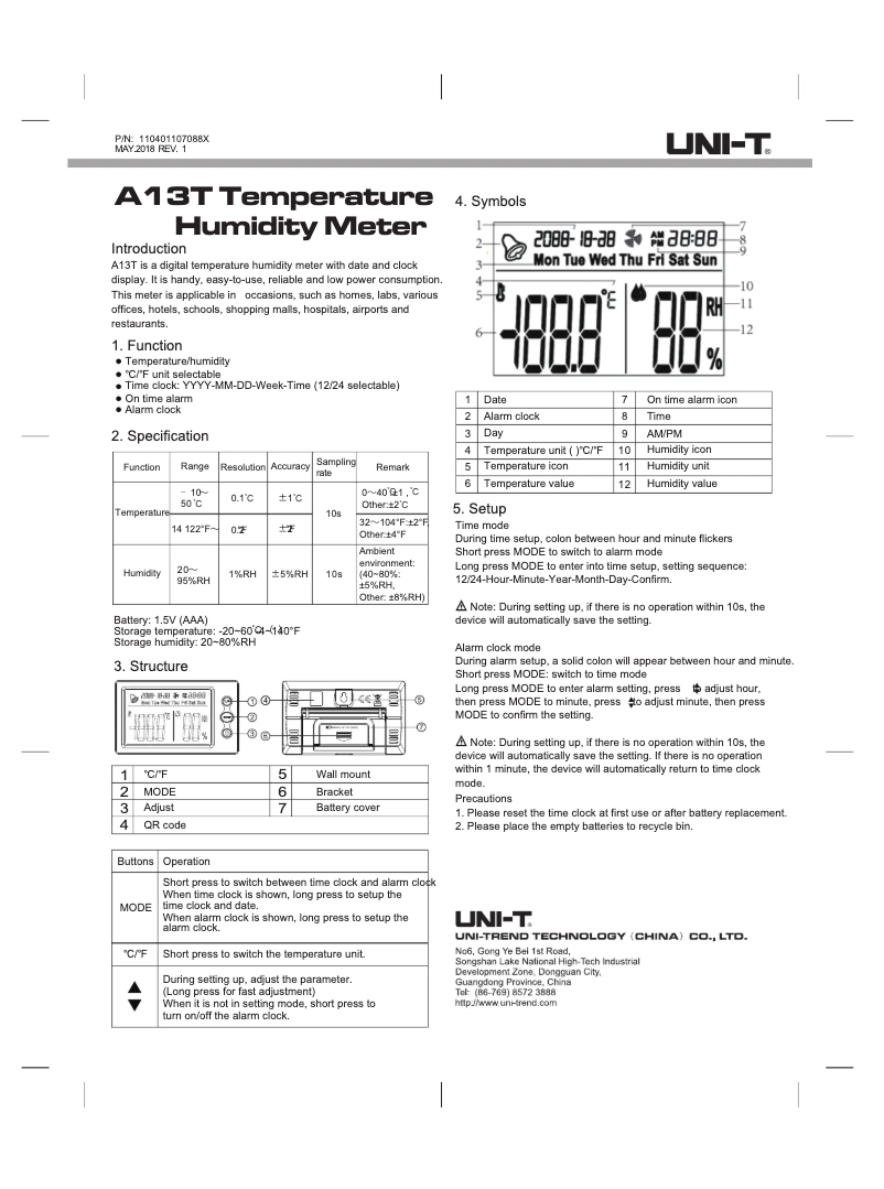 Page n°1 - Manuel utilisateur Uni-T A13T