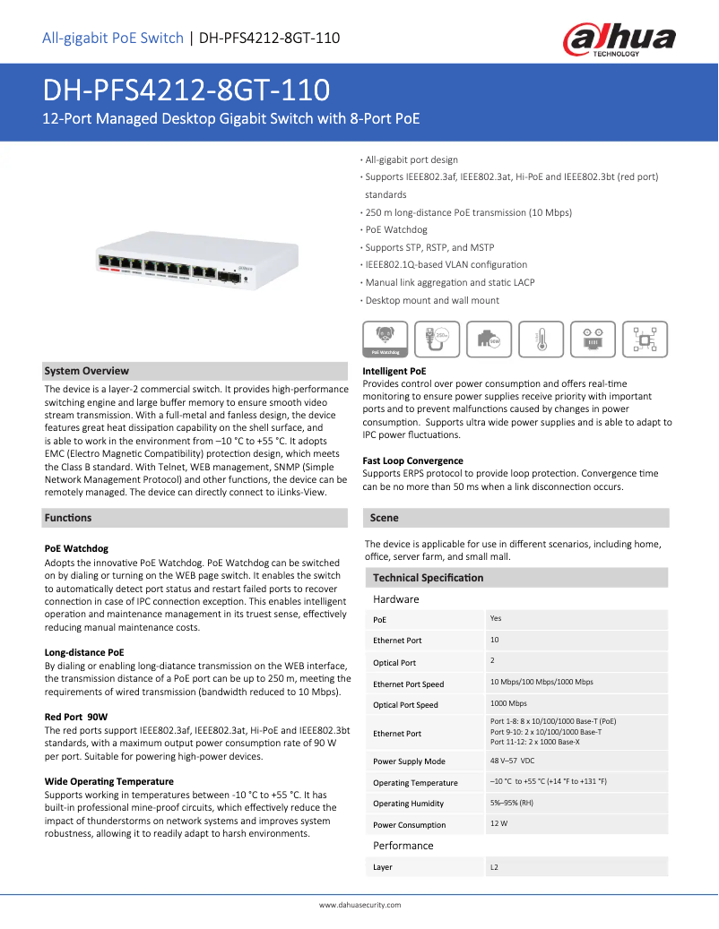 Page 1 de la notice Fiche technique Dahua Technology PFS4212-8GT-110