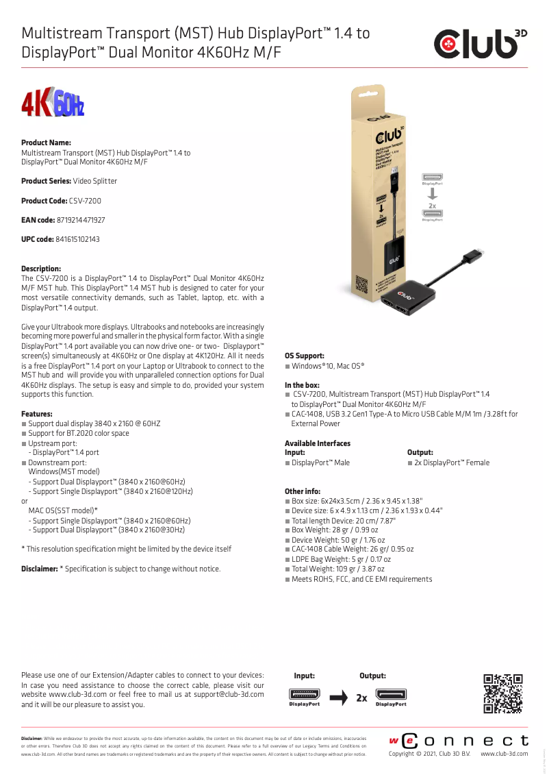 Page 1 de la notice Manuel utilisateur CLUB3D CSV-7220