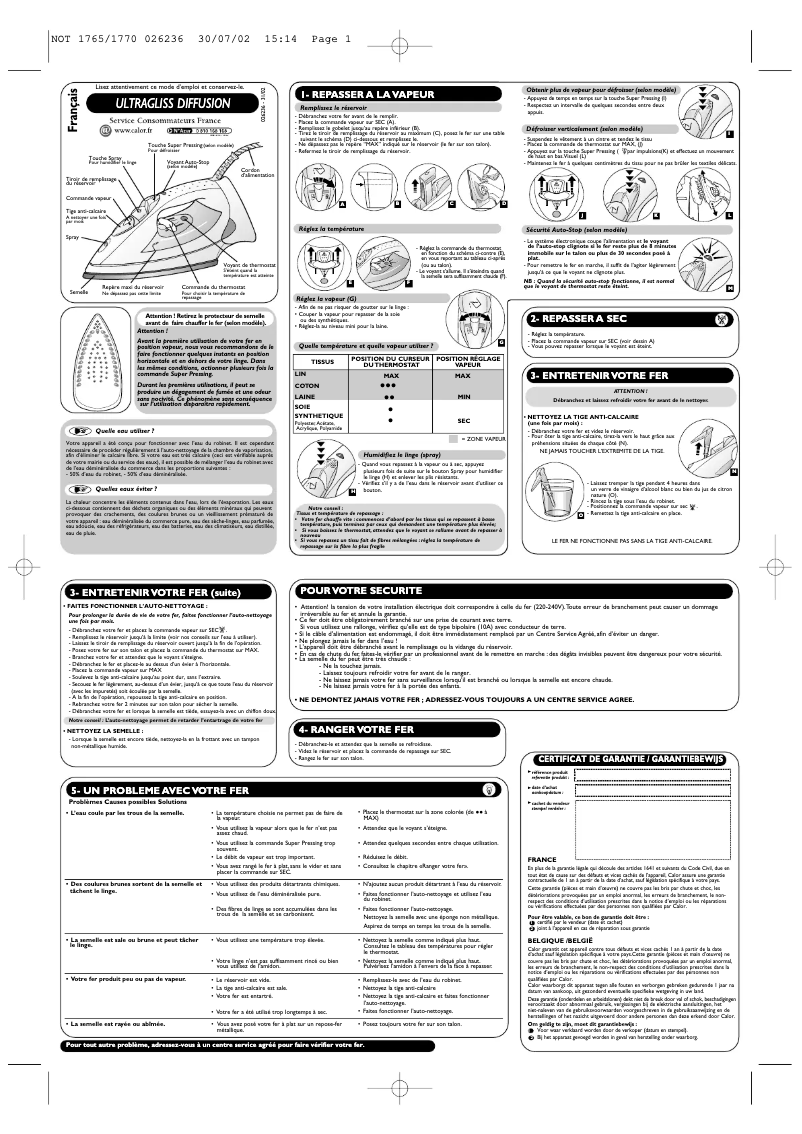 Page n°1 - Manuel utilisateur Tefal Ultragliss Diffusion FV4190