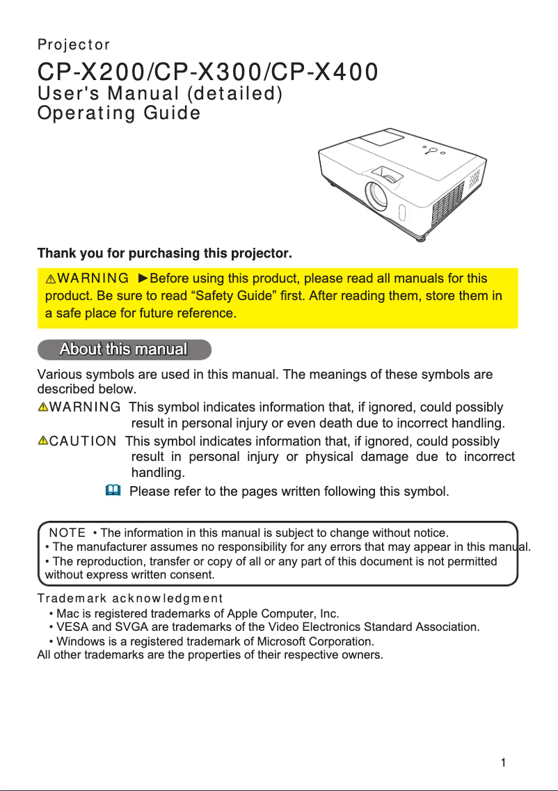 Page 1 de la notice Manuel utilisateur Hitachi CP-X400