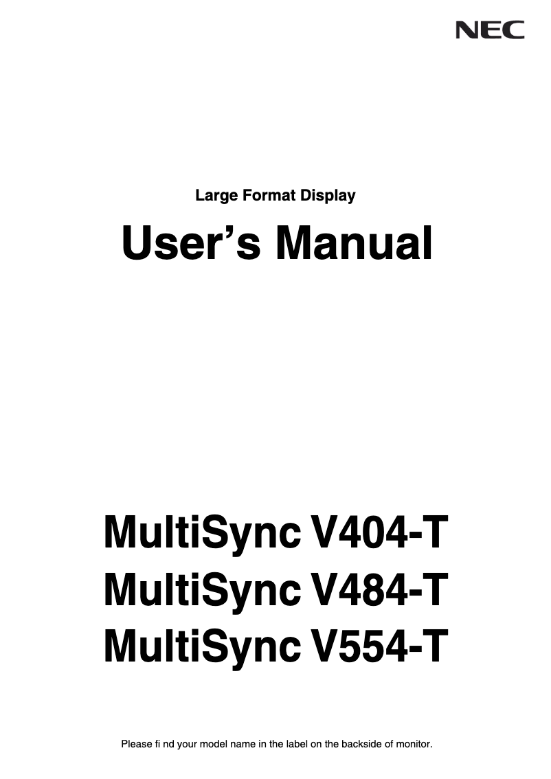 Page 1 de la notice Manuel utilisateur NEC MultiSync V554-T