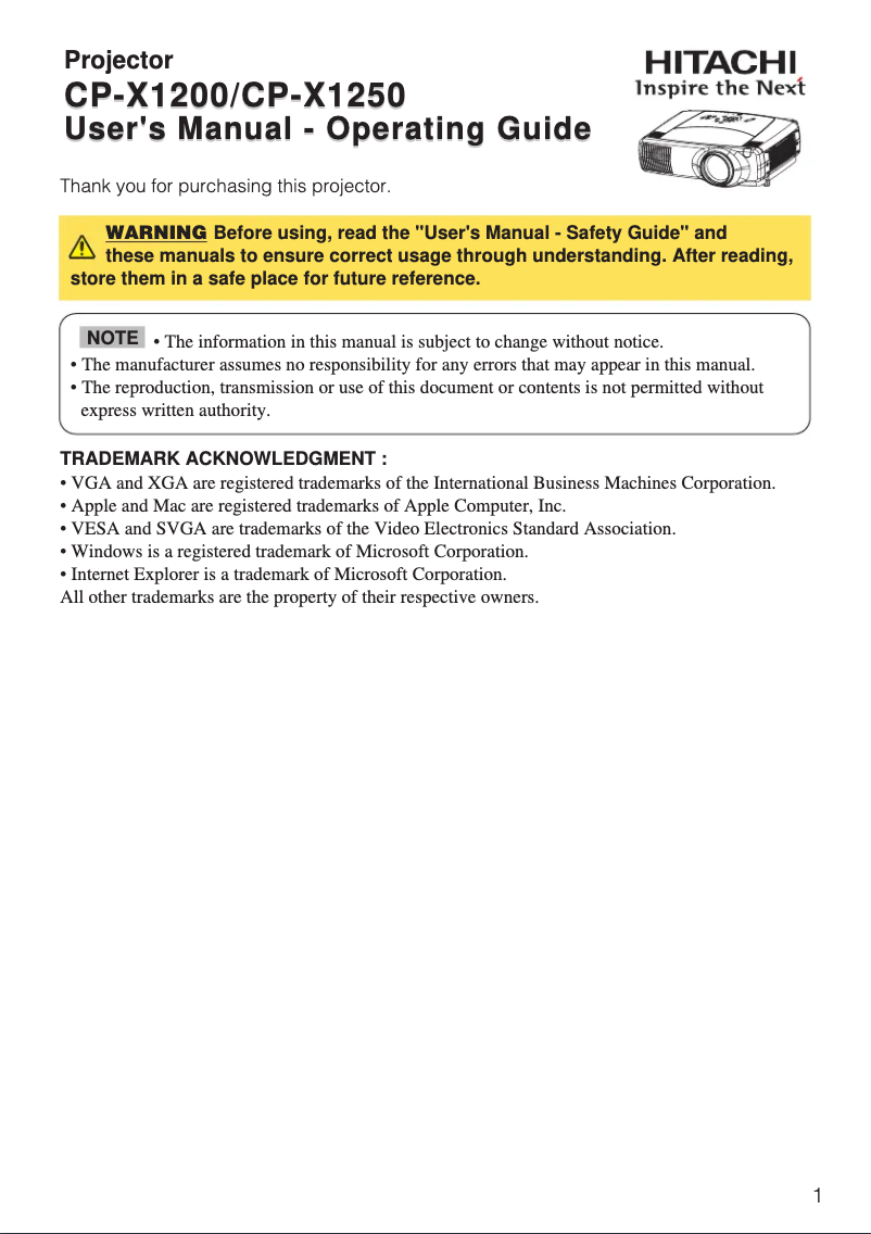 Image de la première page du manuel de l'appareil CP-X1250W