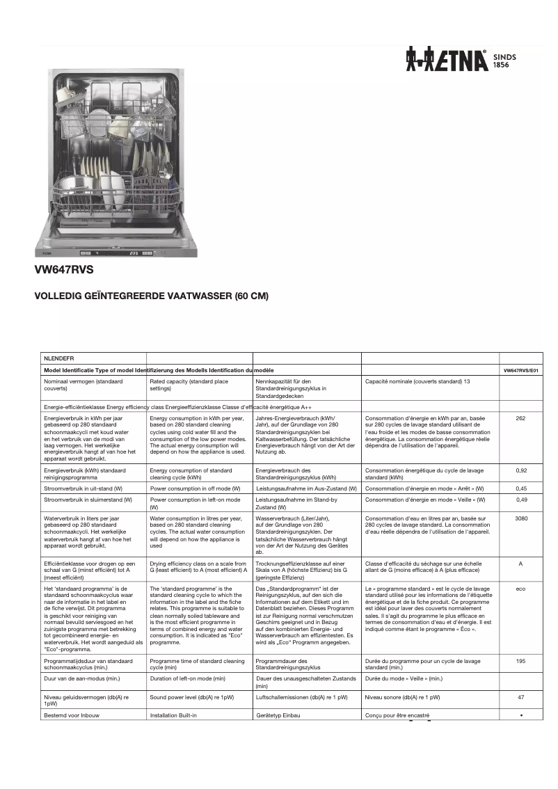 Page 1 de la notice Fiche technique Etna VW647RVS
