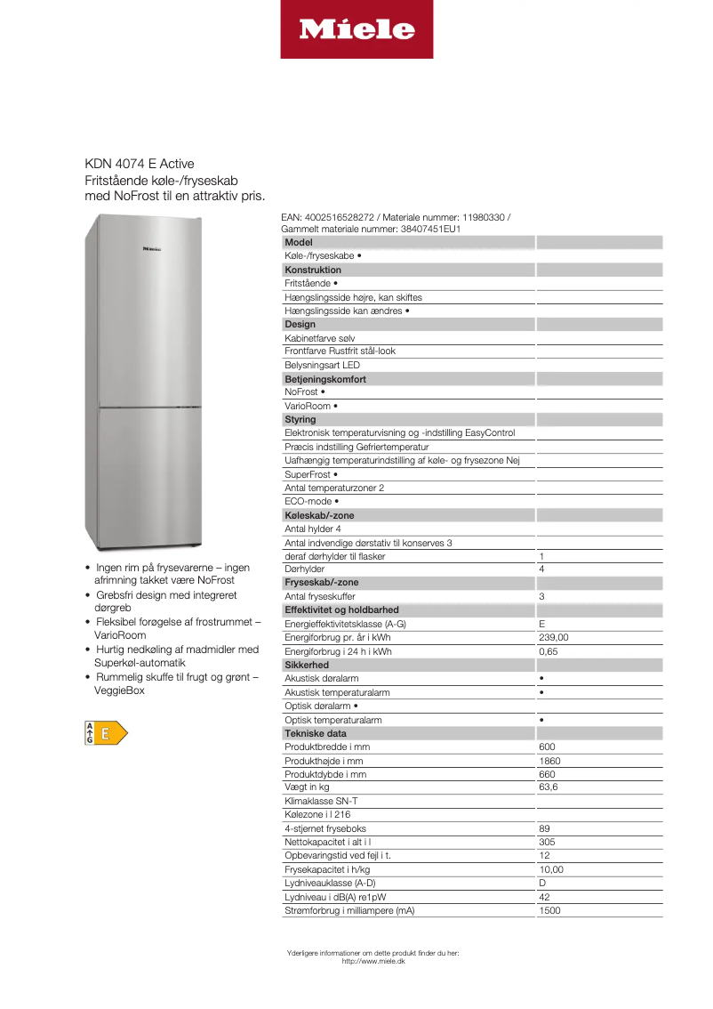 Page 1 de la notice Manuel utilisateur Miele KDN 4074 E Active