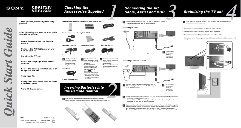 Page 1 de la notice Guide d'installation Sony KE-P37XS1