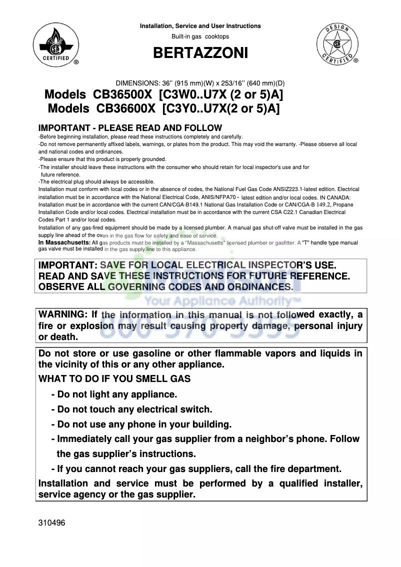 Page 1 de la notice Manuel utilisateur Bertazzoni CB36600XLP
