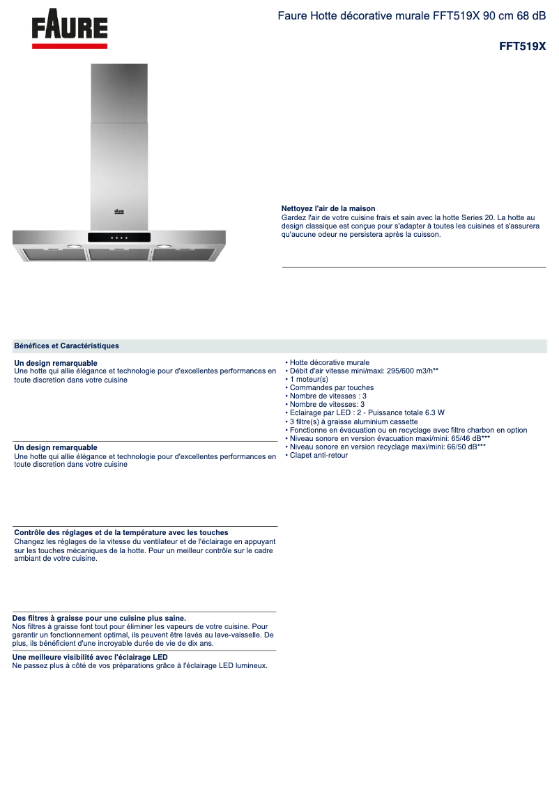 Página 1 del manual Ficha técnica Faure FFT519X