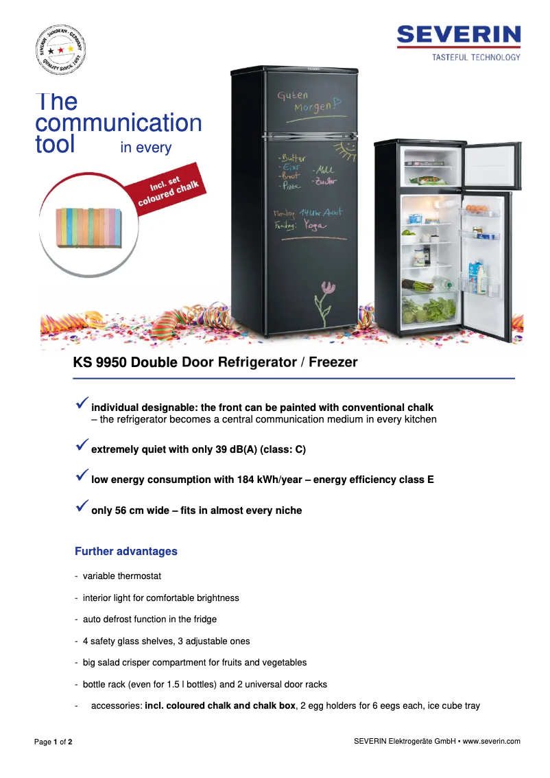 Page 1 de la notice Fiche technique Severin KS 9950