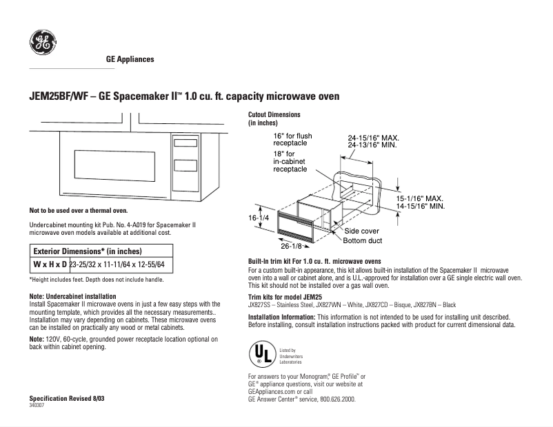 Page 1 de la notice Fiche technique GE JEM25WF
