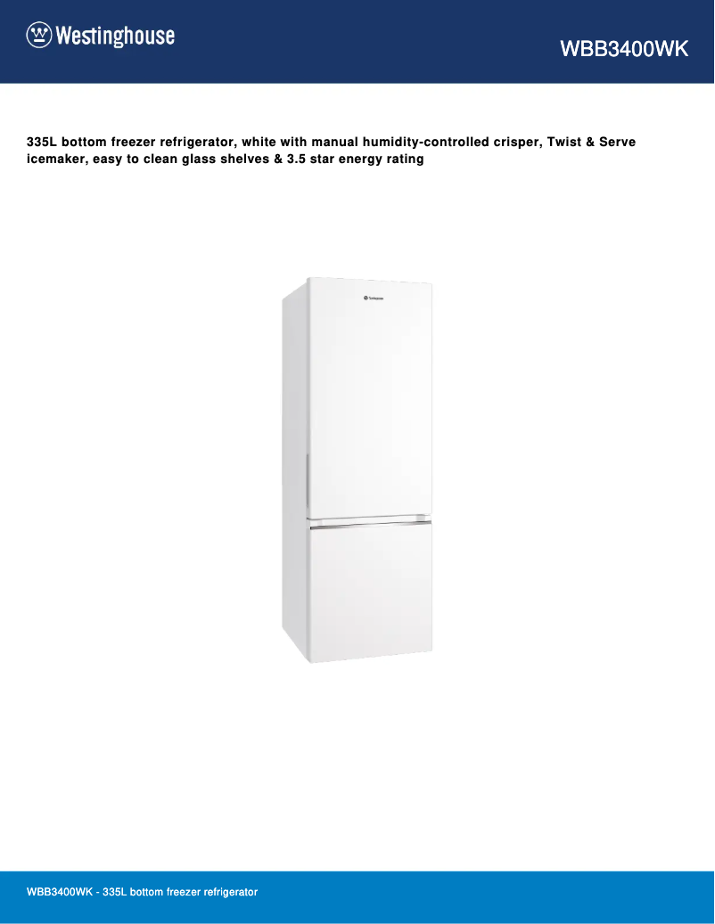 Page 1 de la notice Fiche technique Westinghouse WBB3400WK