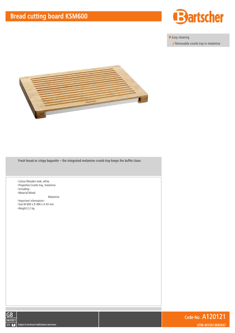 Page n°1 - Fiche technique Bartscher KSM600