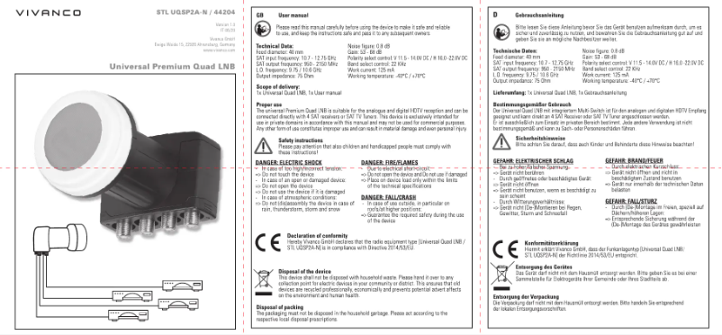 Page n°1 - Manuel utilisateur Vivanco STL UQSP2A-N