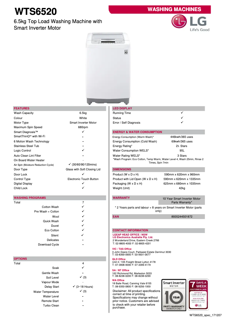 Página 1 del manual Ficha técnica LG WTS6520