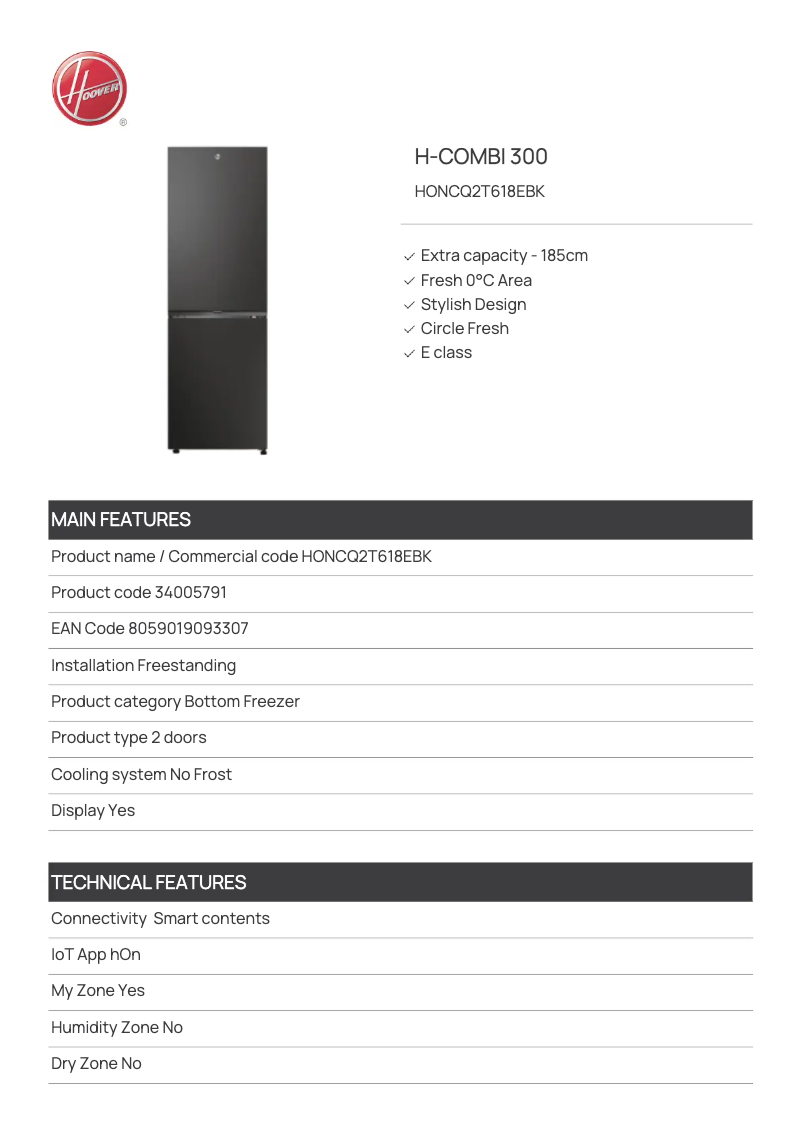 Page n°1 - Fiche technique Hoover HONCQ2T618EBK
