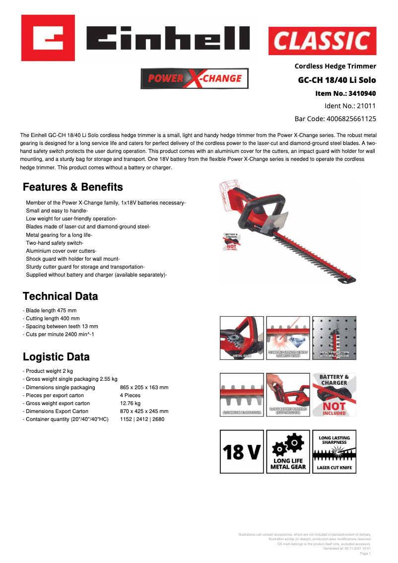 Page n°1 - Fiche technique Einhell GC-CH 18/40 Li