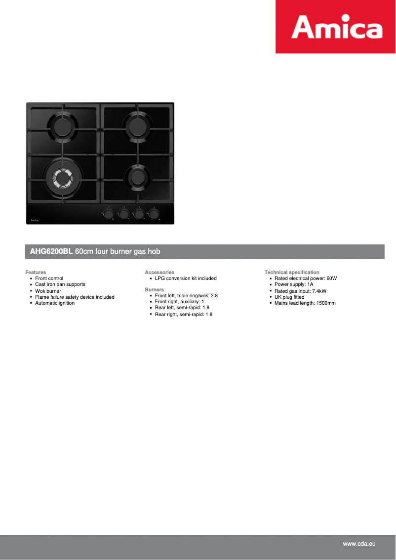 Page 1 de la notice Fiche technique Amica AHG6200BL