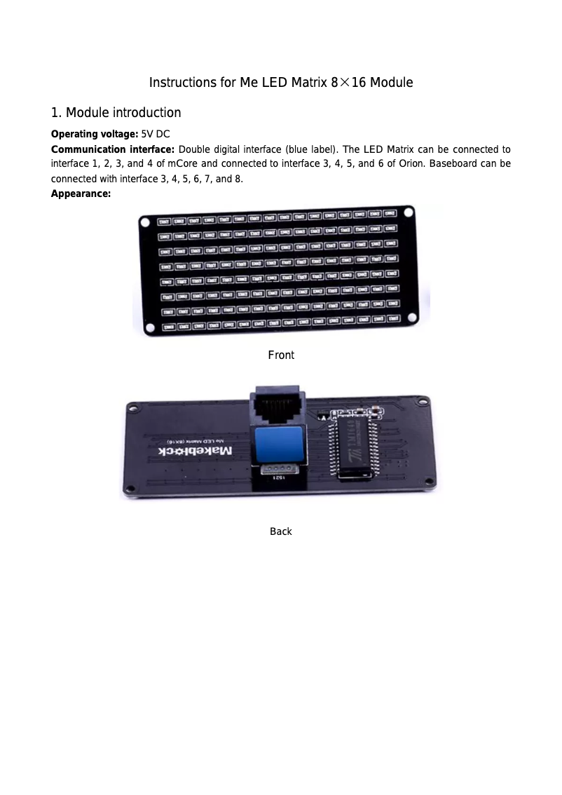 Page 1 de la notice Manuel utilisateur Makeblock Me LED Matrix 8x16