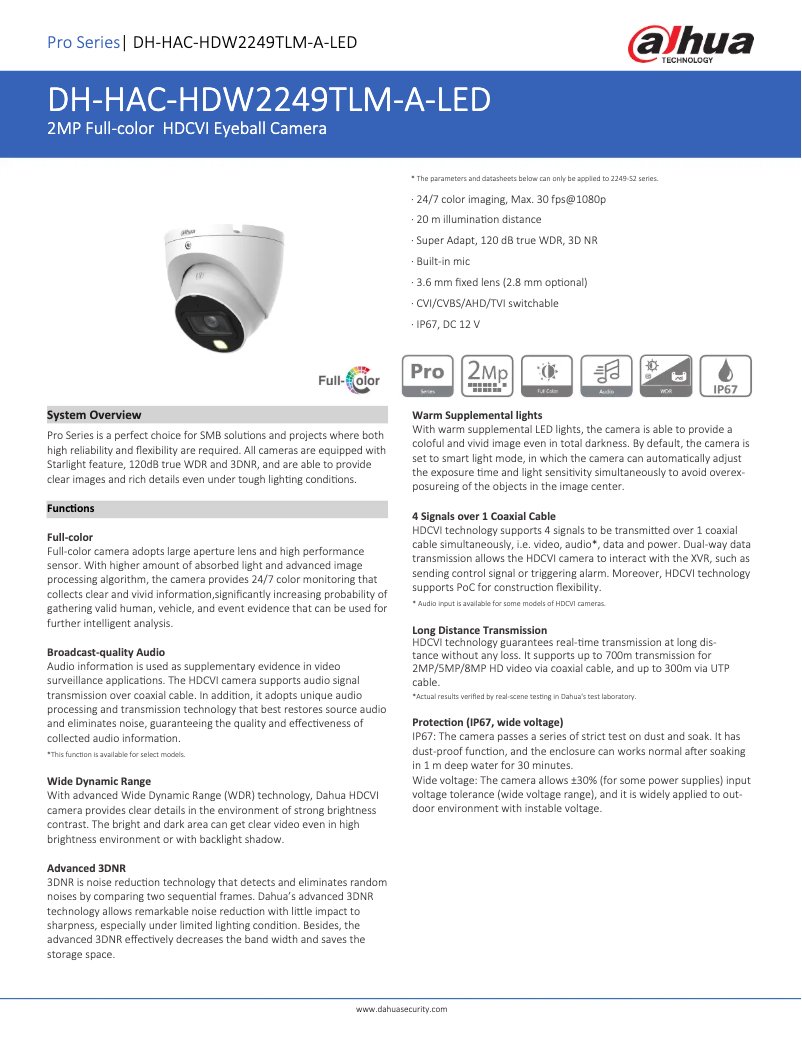 Page n°1 - Fiche technique Dahua Technology HAC-HDW2249TLM-A-LED