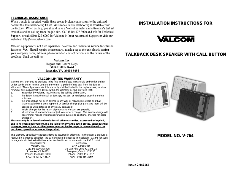 Page 1 de la notice Manuel utilisateur Valcom Talkback Push Button V-764