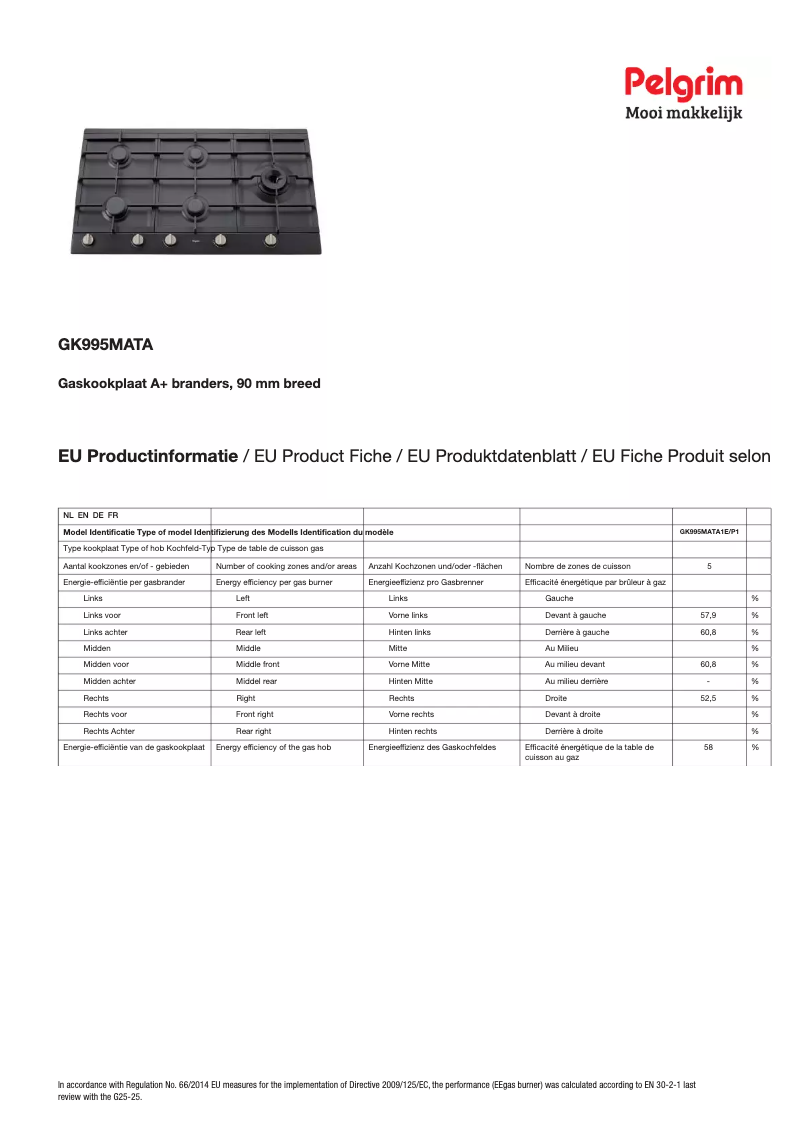 Page 1 of the manual Technical Sheet Pelgrim GK995MATA