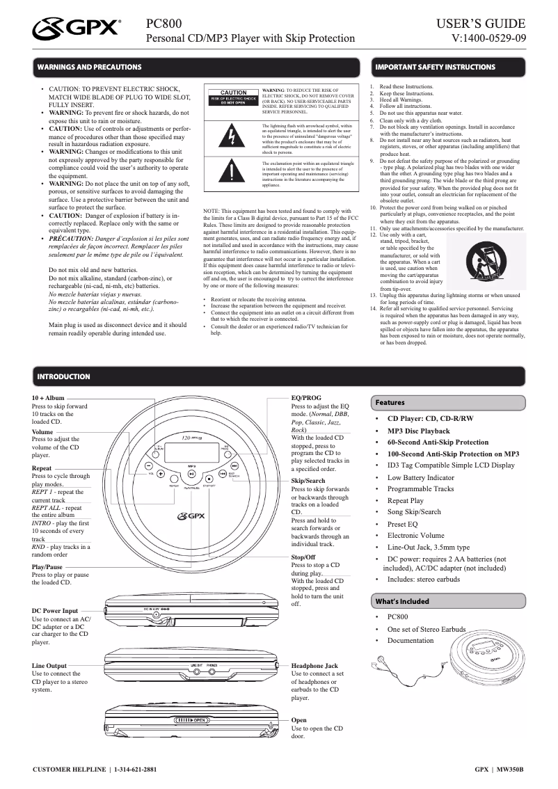 Page n°1 - Manuel utilisateur GPX PC800