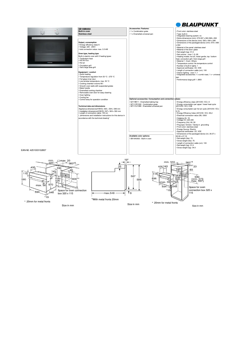 Page 1 de la notice Fiche technique Blaupunkt 5B10M0060