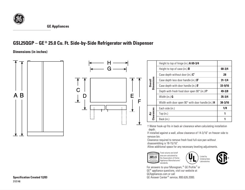 Page 1 de la notice Fiche technique GE GSL25QGPBS
