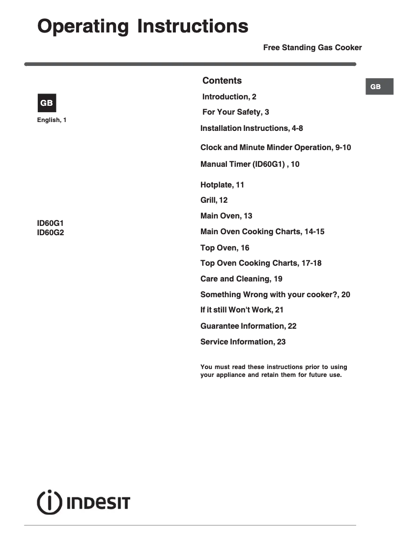 Page 1 de la notice Manuel utilisateur Indesit ID60G2X