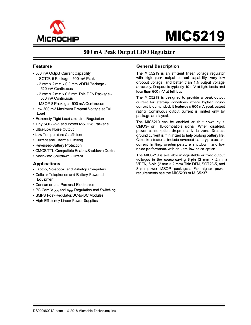 Page 1 de la notice Manuel utilisateur Microchip MIC5219