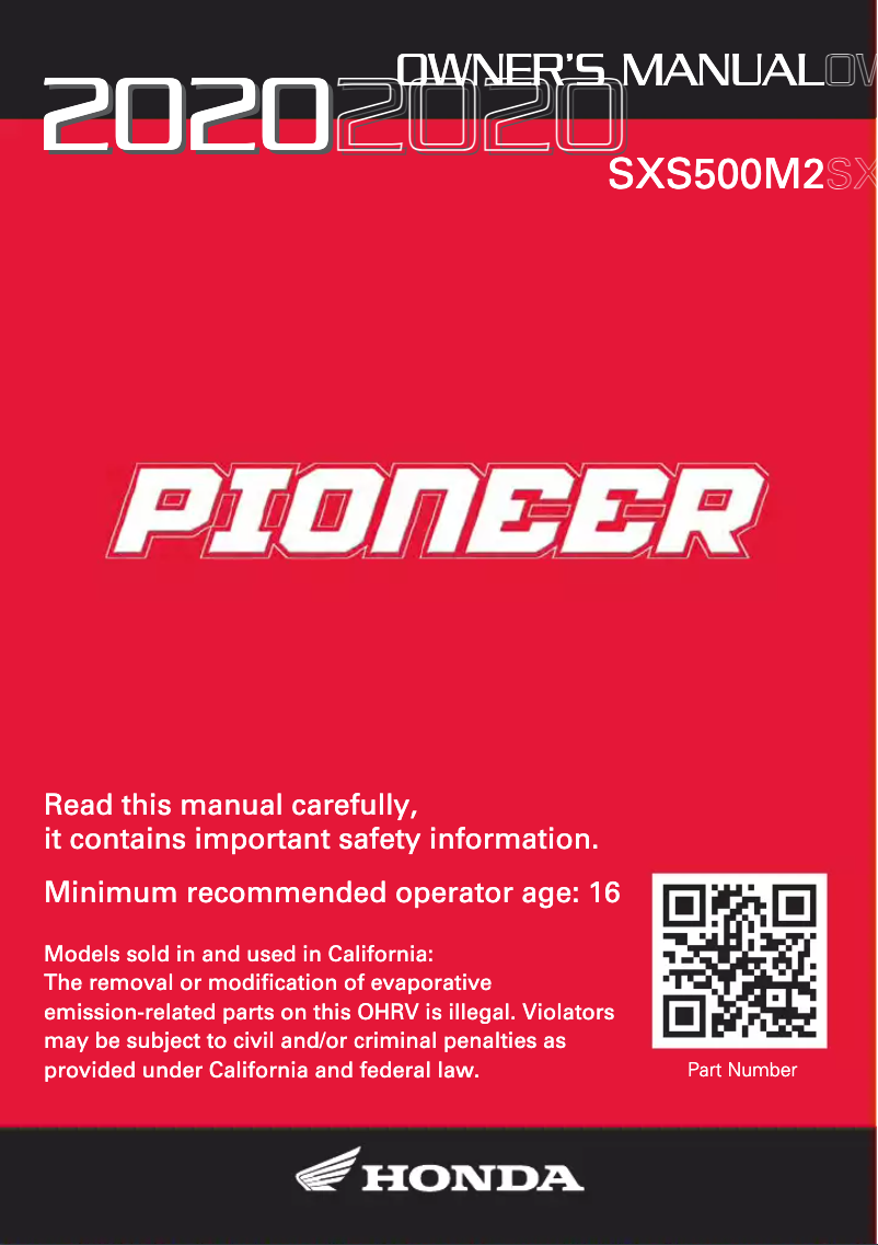 Page 1 de la notice Manuel utilisateur Honda Pioneer 500 SXS500M2 (2020)
