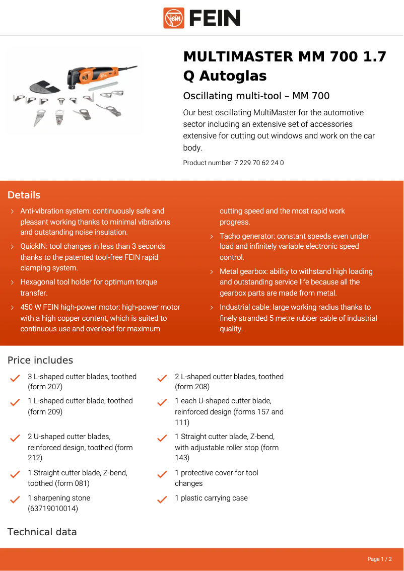 Page n°1 - Fiche technique Fein Multimaster MM 700 1.7 Q Autoglas