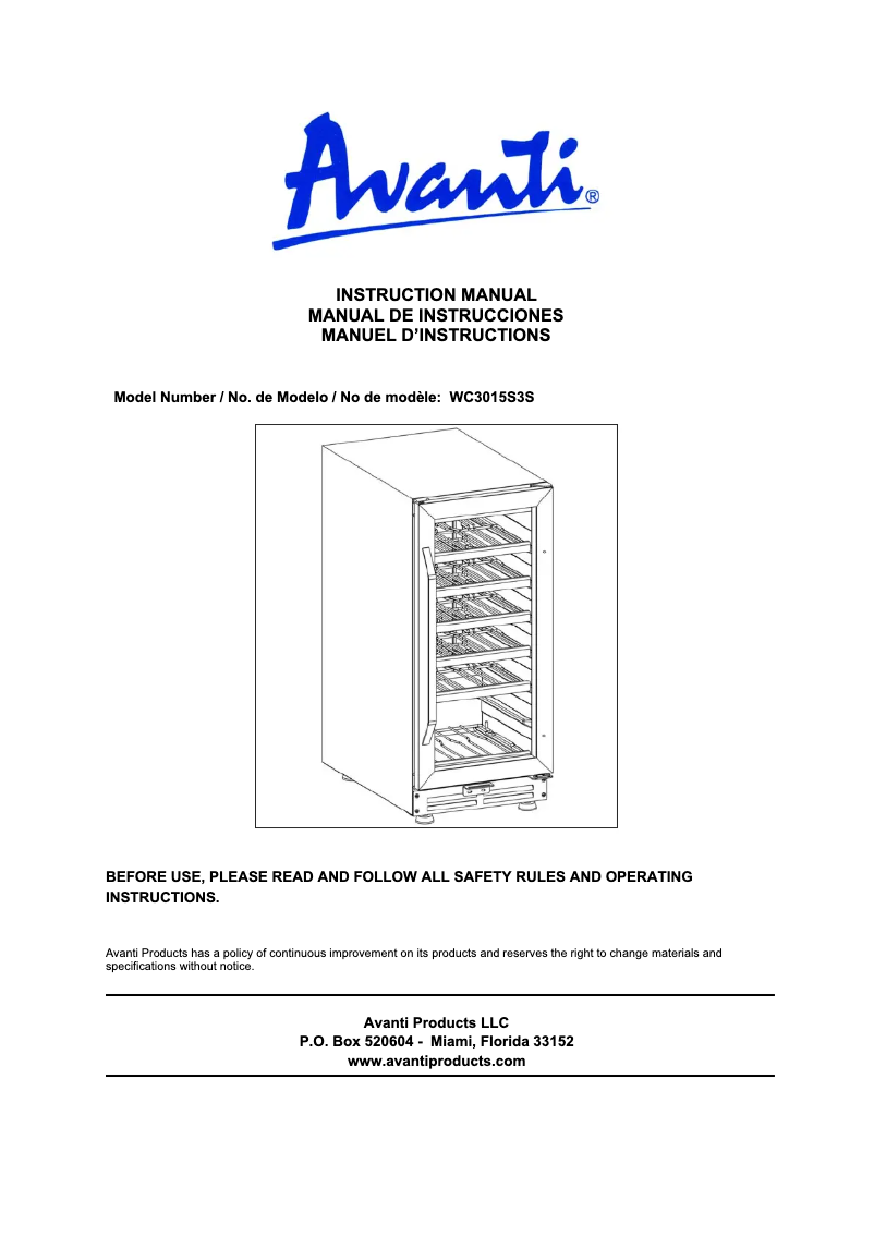 Page 1 de la notice Manuel utilisateur Avanti WC3015S3S