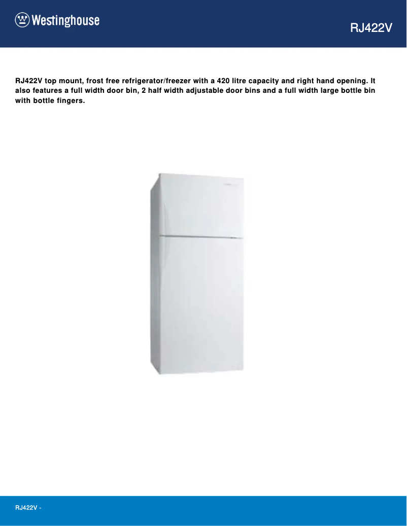 Page 1 de la notice Fiche technique Westinghouse RJ422V
