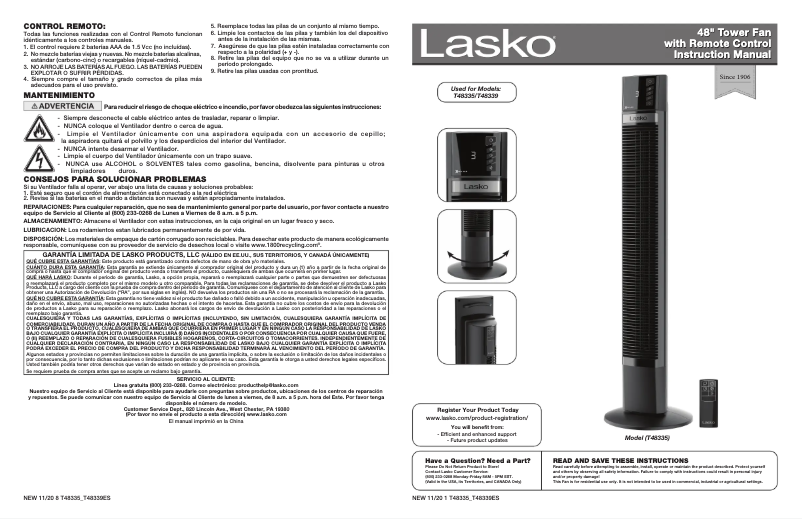 Page 1 de la notice Manuel utilisateur Lasko Xtra Air T48335