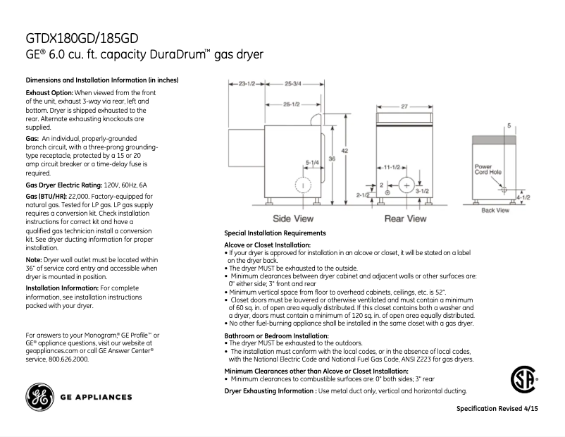 Page n°1 - Fiche technique GE GTDX185GDCC