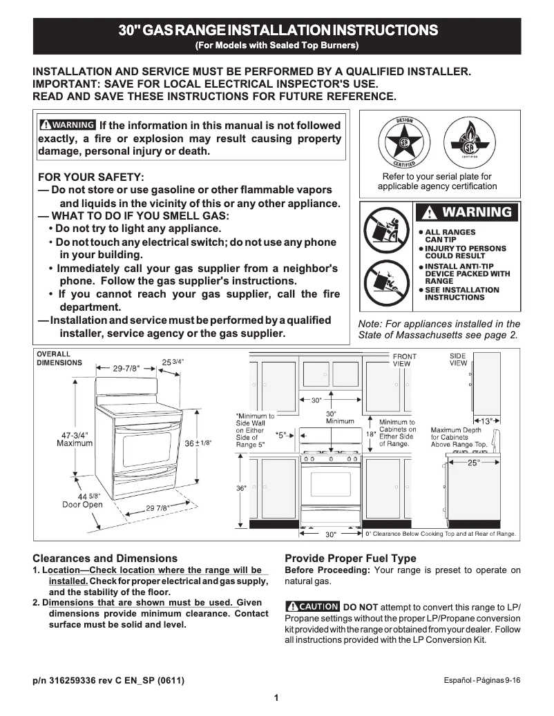 Page 1 de la notice Guide d'installation Frigidaire FGF375EQ