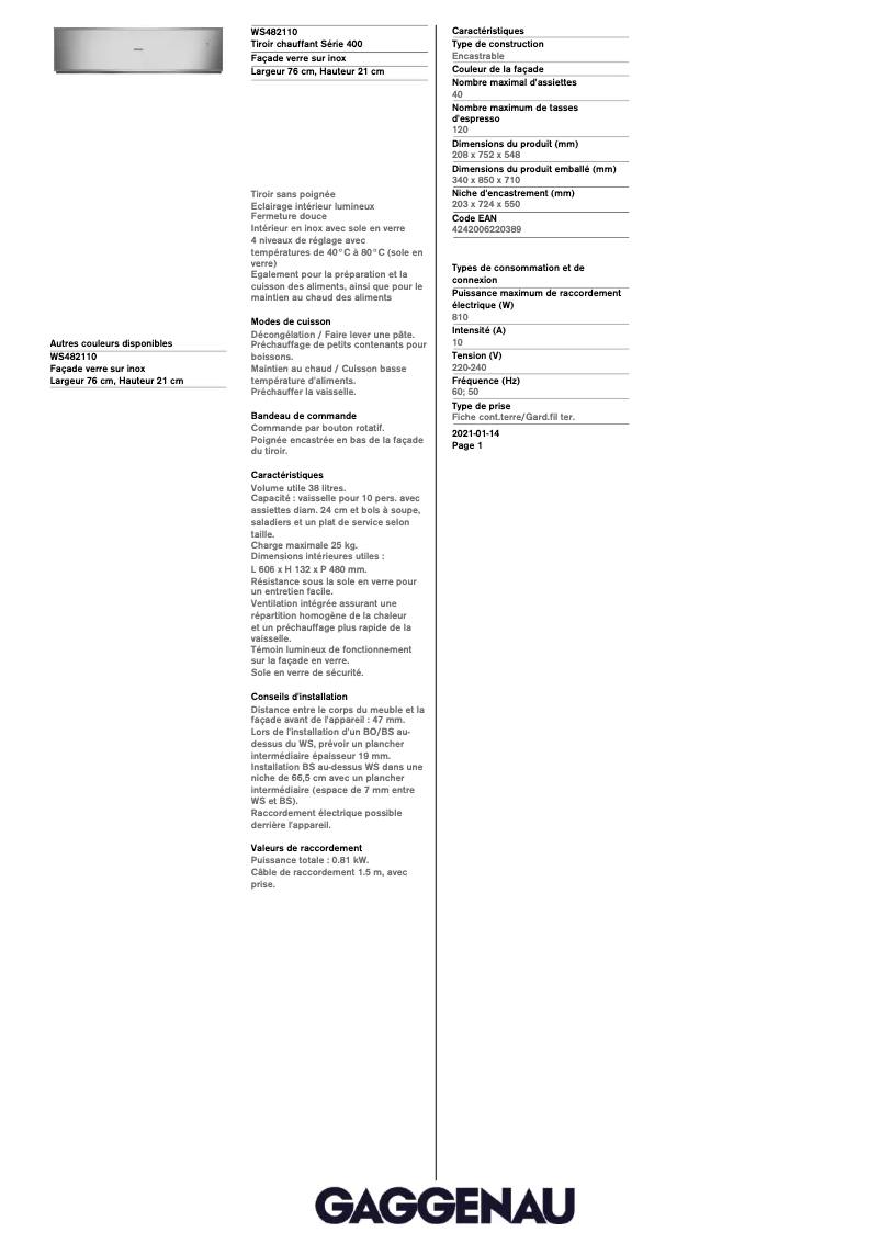 Página 1 del manual Ficha técnica Gaggenau WS482110