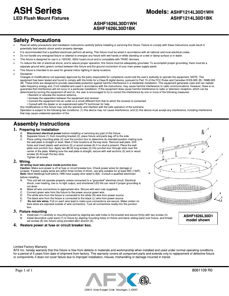 Page n°1 - Manuel utilisateur AFX Ash ASHF1626L30D1BK