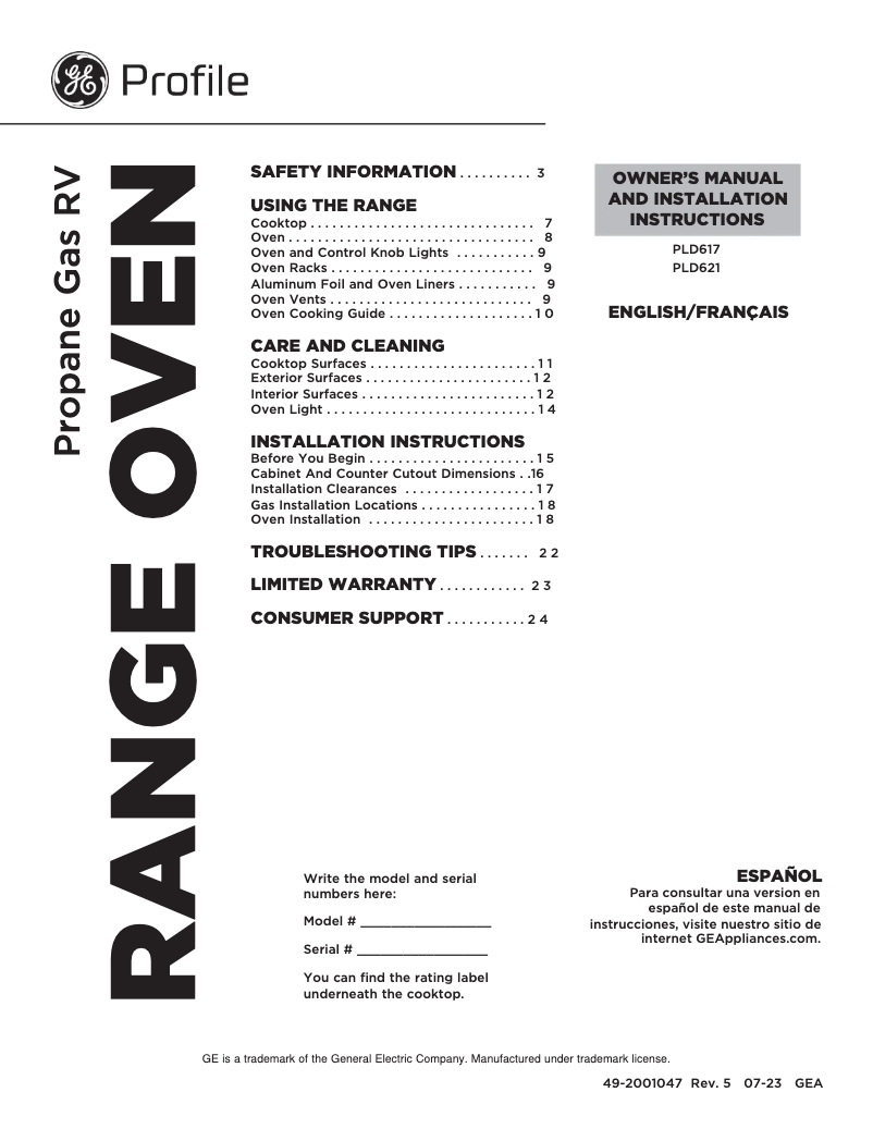 Page n°1 - Manuel d'utilisation et d'entretien GE Profile PLD621DTBB