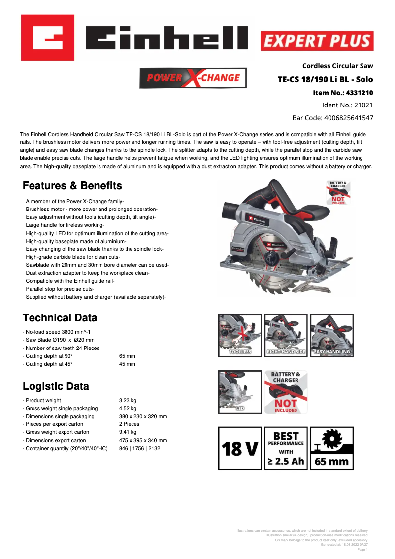 Page n°1 - Fiche technique Einhell TE-CS 18/190 Li BL