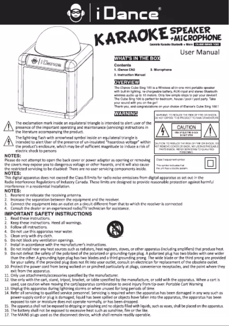 Page 1 de la notice Manuel utilisateur iDance Sing Cube 100