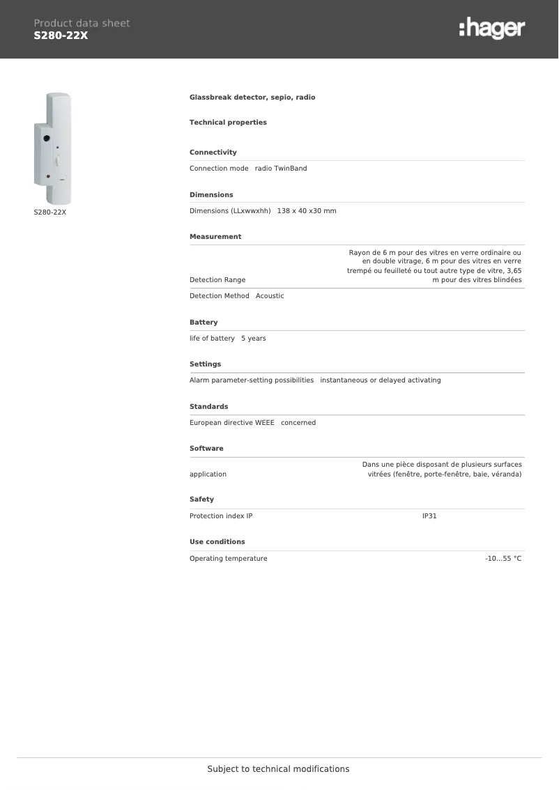 Page 1 de la notice Fiche technique Hager S280-22X