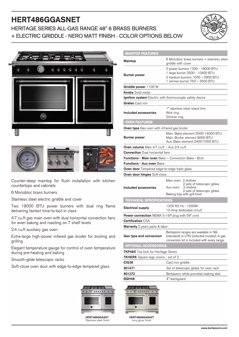 Page 1 de la notice Fiche technique Bertazzoni HERT486GGASXT
