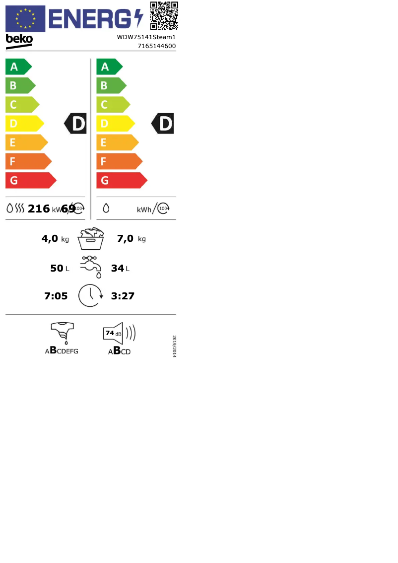 Page 1 de la notice Label énergétique Beko WDW75141Steam1