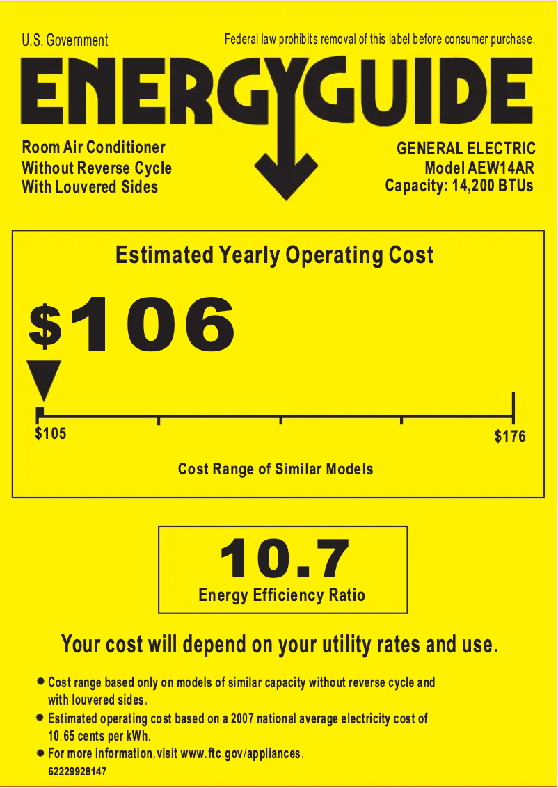 Page 1 de la notice Label énergétique GE AEW14AR